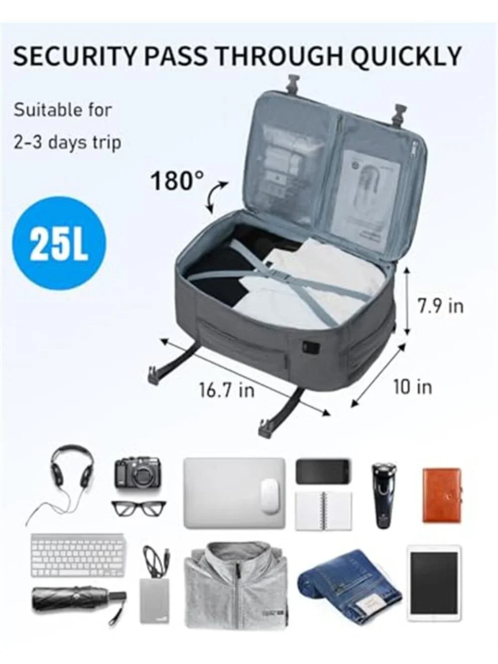 17 Inch Travel Backpack Carry On Personal Item USB Port Water Resistant Grey